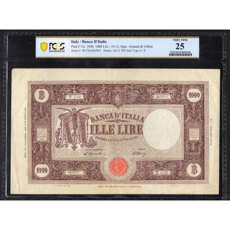 Italie Pick N°72c, TB+ PCGS VF25 Billet de banque de 1000 Lire 1947