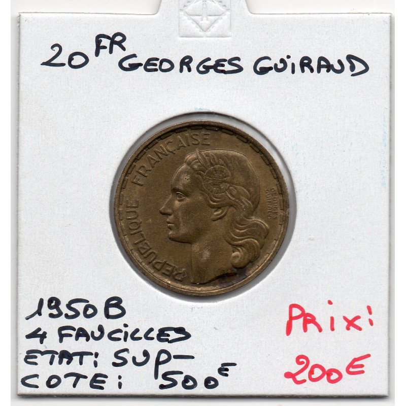 20 francs Coq Georges Guiraud 4 faucilles 1950 B Sup-, France pièce de monnaie