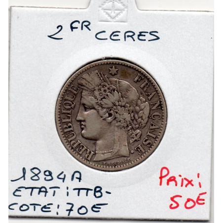 2 Francs Cérès 1894 TTB, France pièce de monnaie