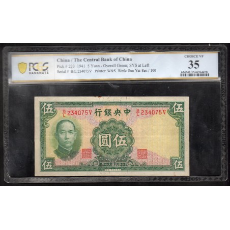Chine Pick N°233, TTB- PCGS VF35 Billet de banque de 5 Yuan 1941