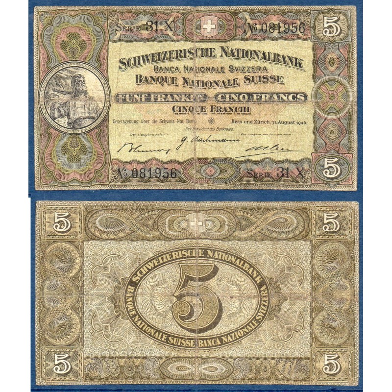 Suisse Pick N°11l TB, Billet de banque de 5 Francs 1946