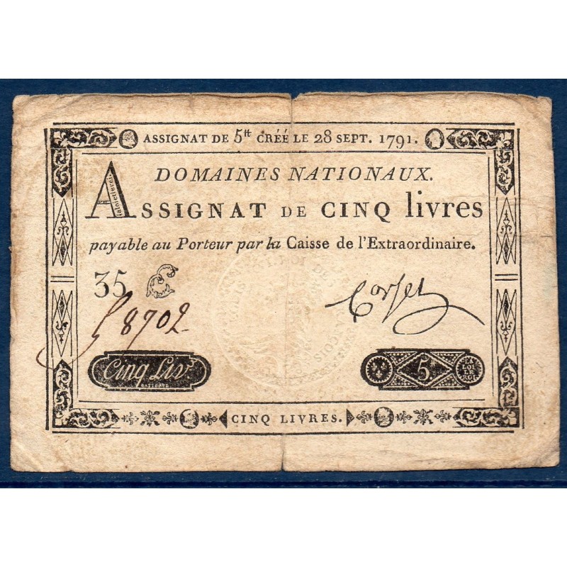 Assignat 5 livres 28.9.1791 TB signature Corsel mus 34