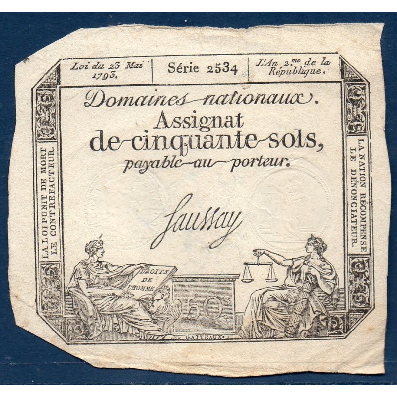 Assignat 50 sols 23.05.1793 TTB signature Saussay Musz 32