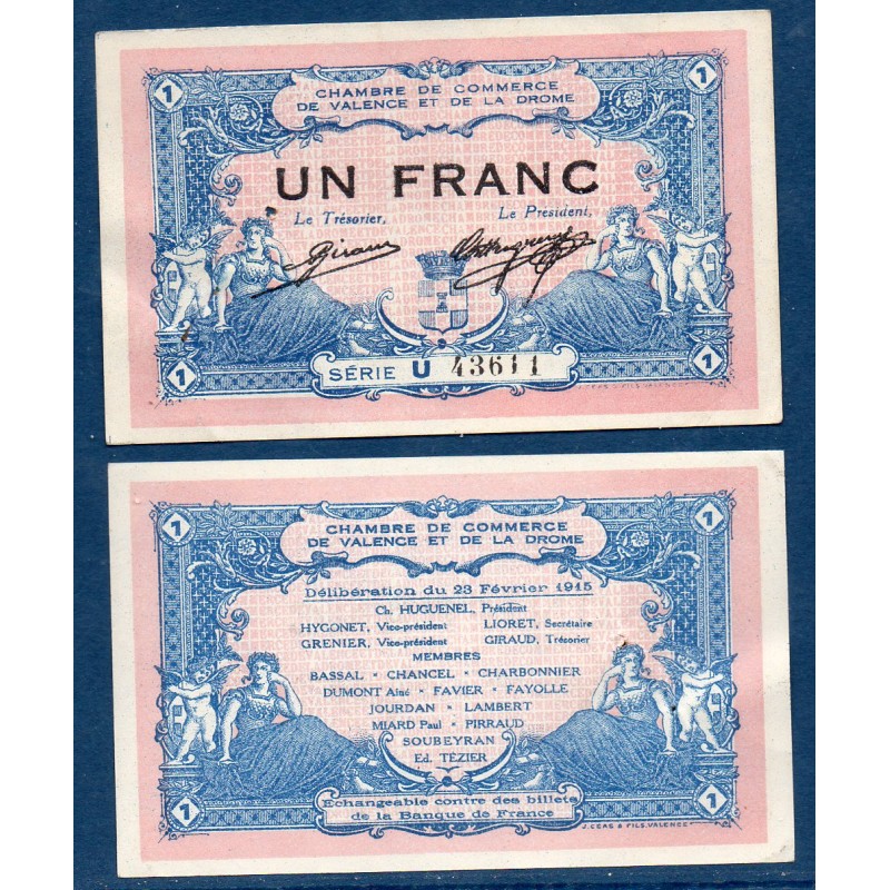 Valence et Drome 1 franc Sup 23.2.1915 Pirot 127.3 Billet de la chambre de Commerce
