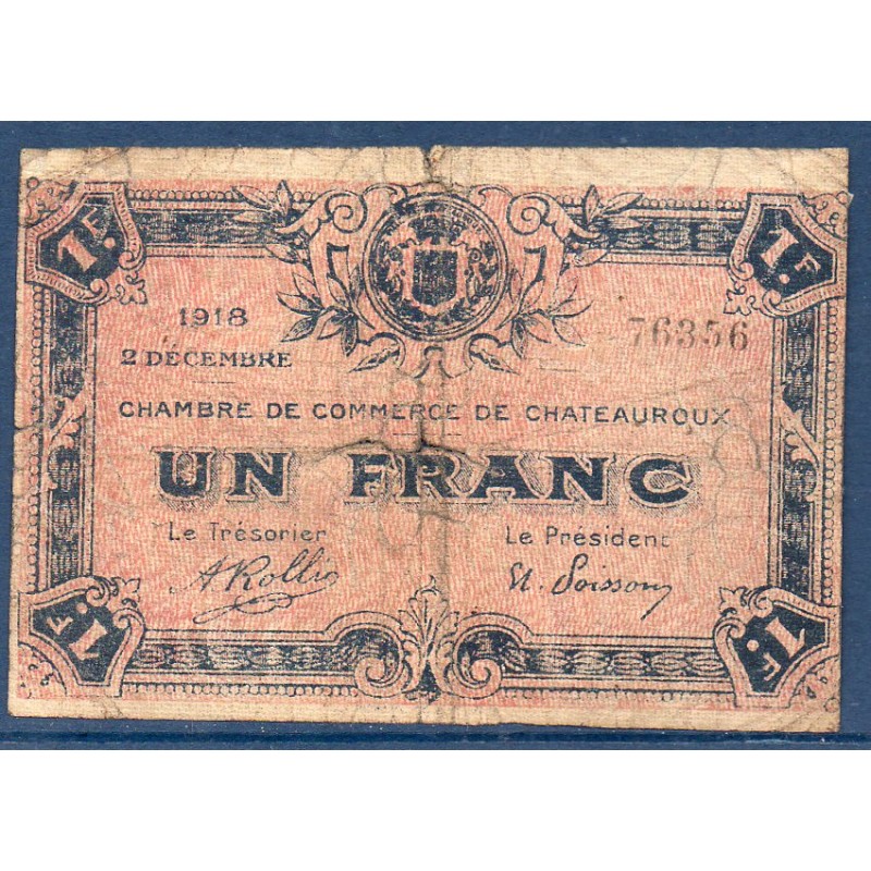 Chateauroux 1 franc B 2.12.1918 Pirot 46.19 Billet de la chambre de Commerce