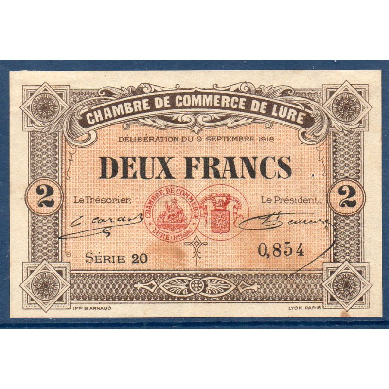 Lure 2 francs TTB 9.9.1918 Pirot 76.30 Billet de la chambre de Commerce