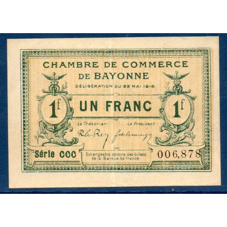 Bayonne 1 franc TTB 22.5.1916 Pirot 21.15 Billet de la chambre de Commerce