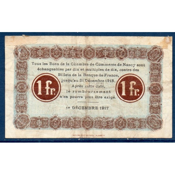 Nancy 1 franc TB 1.12.1917 Pirot 87.17 Billet de la chambre de Commerce
