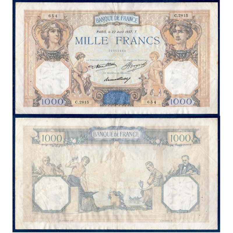 1000 Francs Cérès et Mercure TTB 22.4.1937 Billet de la banque de France