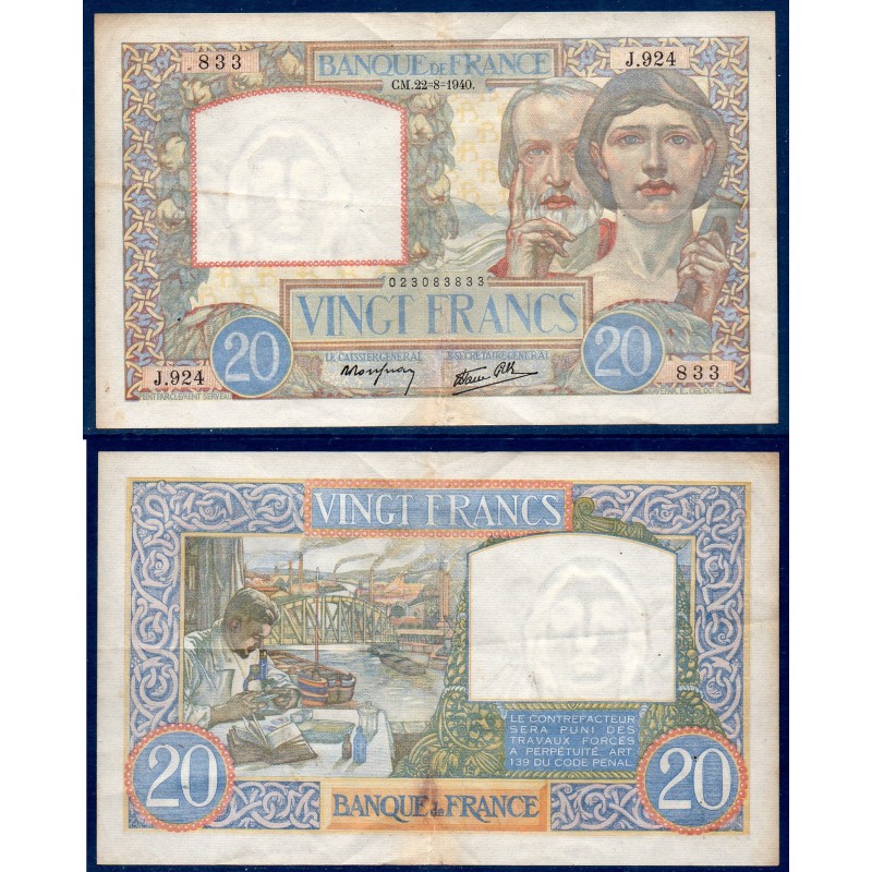 20 Francs Science et Travail TTB- 22.8.1940 Billet de la banque de France