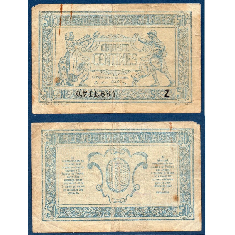 50 centimes B Trésorerie aux armées 1919 série Z Billet du trésor Central