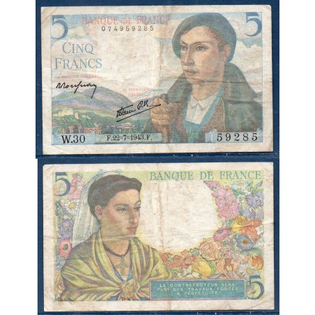 5 Francs Berger TB 22.7.1943 Billet de la banque de France