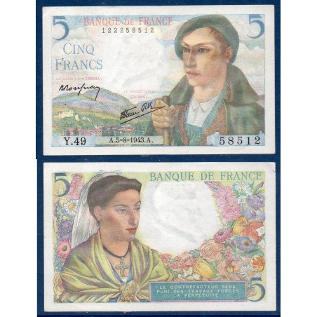 5 Francs Berger Sup 5.8.1943 Billet de la banque de France
