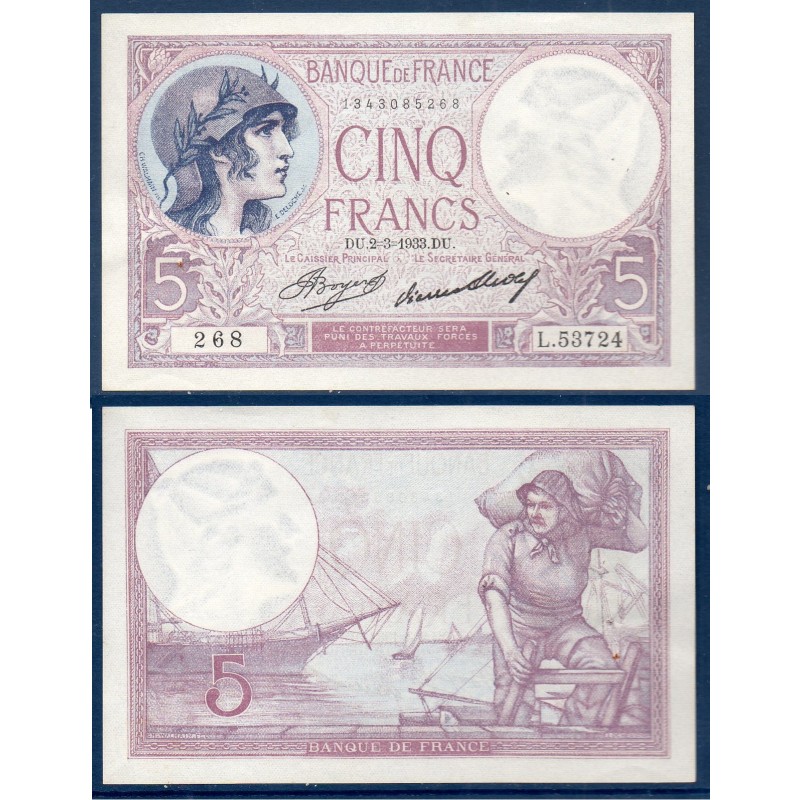 5 Francs Violet Sup 2.3.1933 Billet de la banque de France
