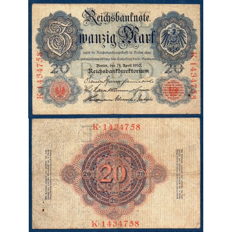 Allemagne Pick N°40c, TB Billet de banque de 20 Mark 1910