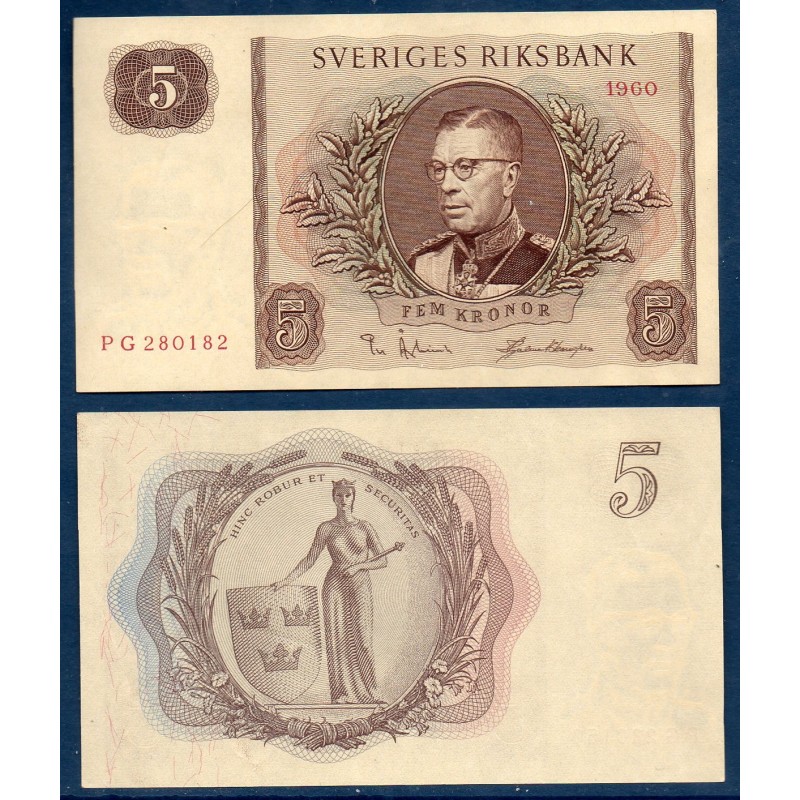 Suède P.42e, Spl, Billet de 5 Kronor 1960 Svea Suède P.42e, Spl, Billet de 5 Kronor 1960 Svea