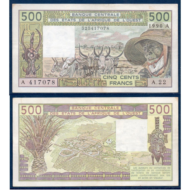 BCEAO Pick 106An pour la Cote d'Ivoire, TTB Billet de banque de 500 Francs CFA 1990