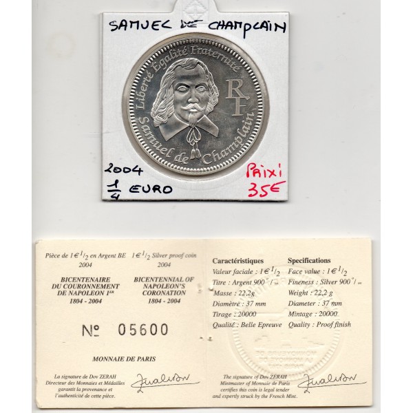 1/4 euro argent BE 2004 Samuel de Champlain pièces de monnaies de Paris