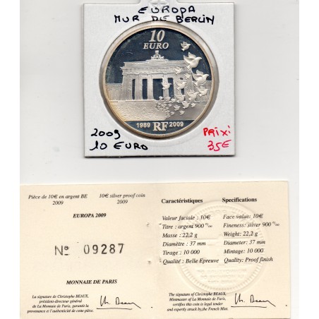 10 euros argent BE 2009 Europa, Mur de Berlin pièces de monnaies de Paris
