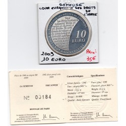 10 euros argent BE 2009 Semeuse, Cour européenne des droits de l'homme pièces de monnaies de Paris