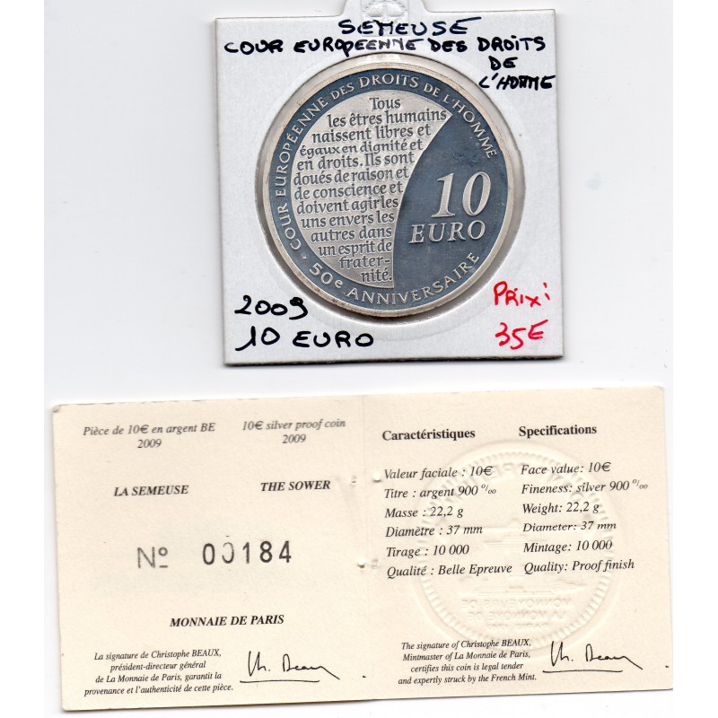 10 euros argent BE 2009 Semeuse, Cour européenne des droits de l'homme pièces de monnaies de Paris