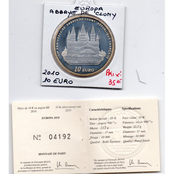 10 euros argent BE 2010 Europa Abbaye de Cluny pièces de monnaies de Paris