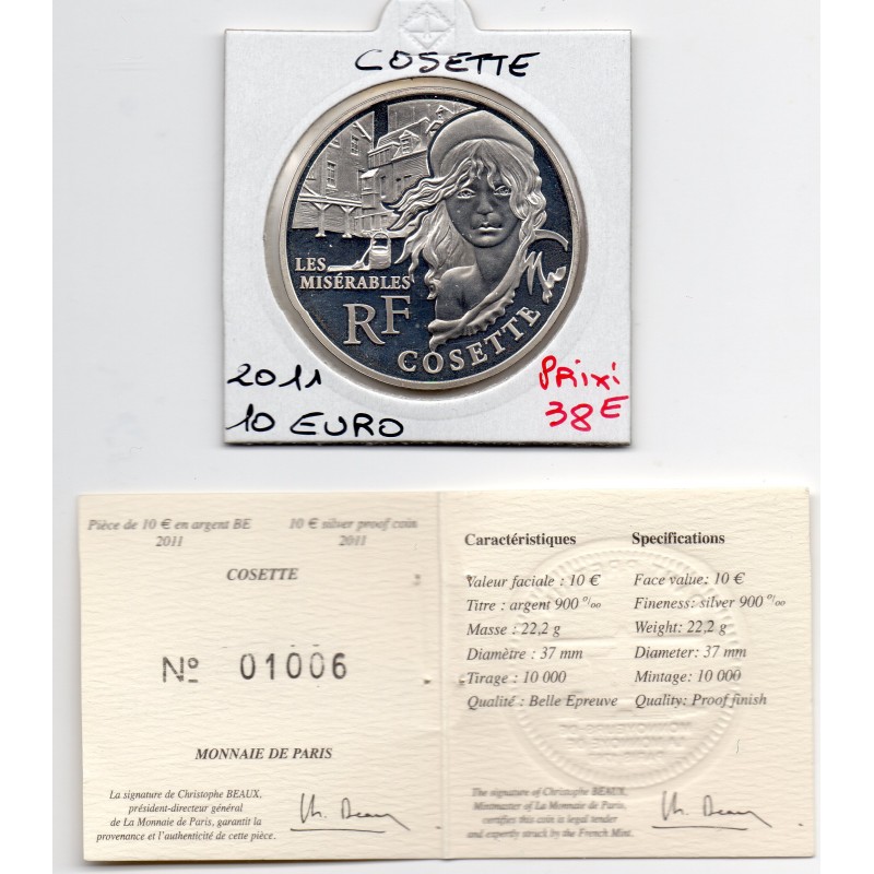 10 euros argent BE 2011 Cosette pièces de monnaies de Paris
