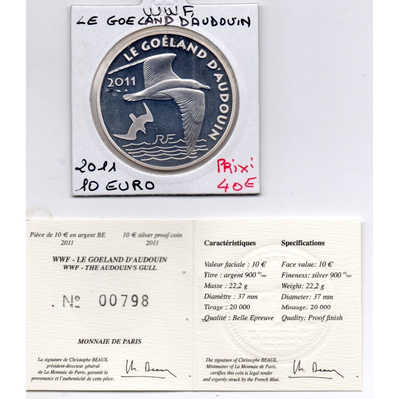 10 euros argent BE 2011 WWF Le goeland d'Audouin pièces de monnaies de Paris