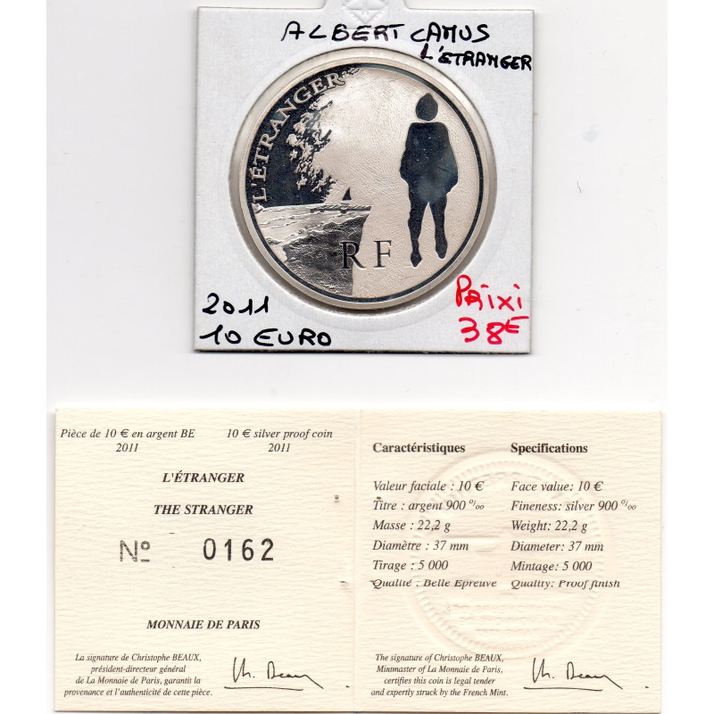 10 euros argent BE 2011 Albert Camus, l'étranger pièces de monnaies de Paris