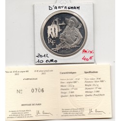 10 euros argent BE 2012 d'Artagnan pièces de monnaies de Paris