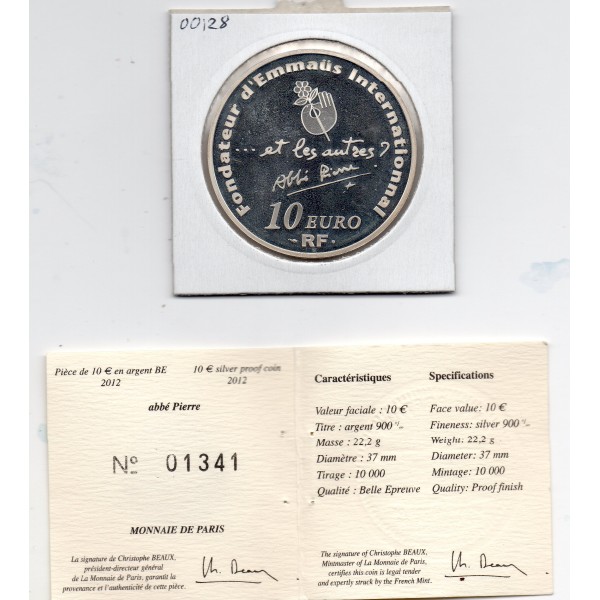 10 euros argent BE 2012 Abbé Pierre Pièces de monnaies de Paris
