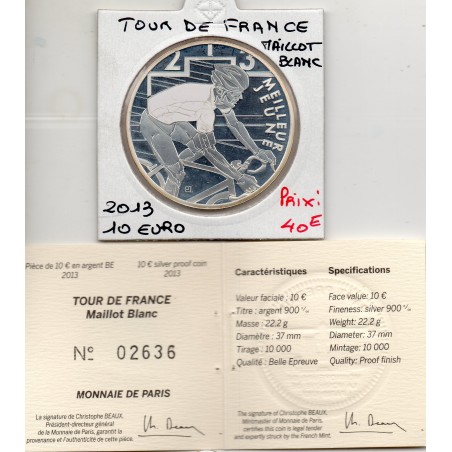 10 euros argent BE 2013 Tour de France, Maillot blanc Pièces de monnaies de Paris