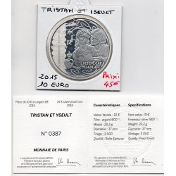 10 euros argent BE 2015, Tristan et Iseult Pièces de monnaies de Paris