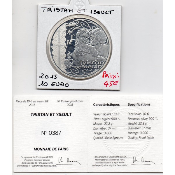 10 euros argent BE 2015, Tristan et Iseult Pièces de monnaies de Paris