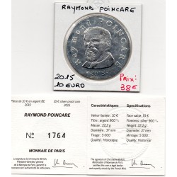 10 euros argent BE 2015, Raymond Poincaré Pièces de monnaies de Paris