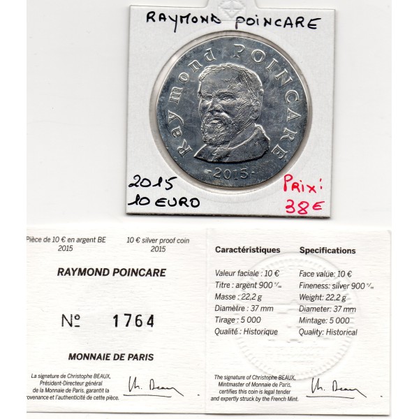 10 euros argent BE 2015, Raymond Poincaré Pièces de monnaies de Paris