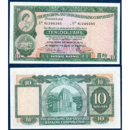 Hong Kong Pick N°182h, neuf Billet de banque de 10 dollars 1977-1979