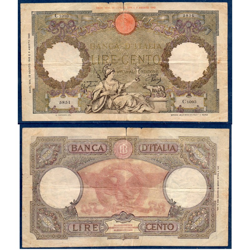 Italie Pick N°68, Billet de banque de 100 Lire 23.8.1943