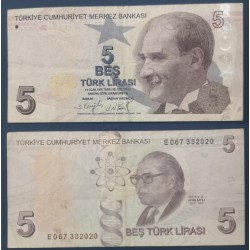 Turquie Pick N°222e, TTB Billet de banque de 5 Lira 2009