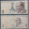 Turquie Pick N°222e, TTB Billet de banque de 5 Lira 2009