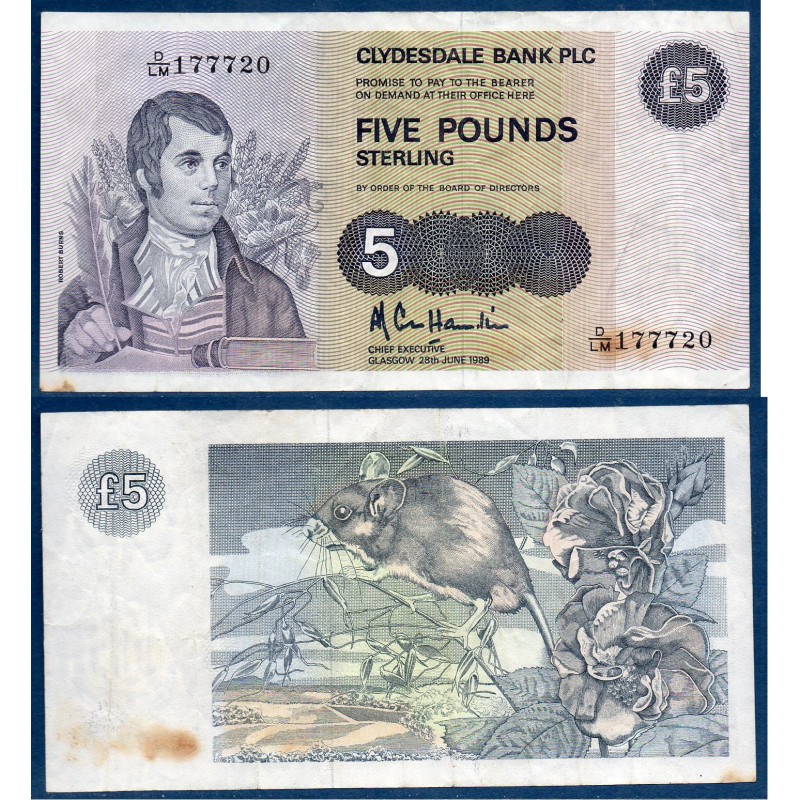 Ecosse Pick N°212d, TB Billet de banque de 5 pounds 1987-1989 Clydesdale bank
