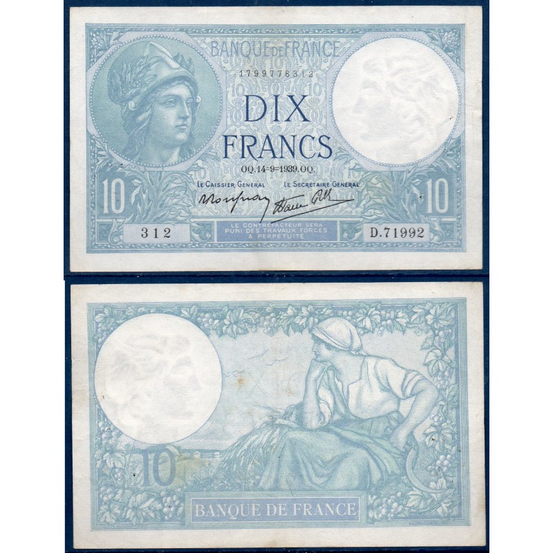 10 Francs Minerve TTB 14.9.1939 Billet de la banque de France