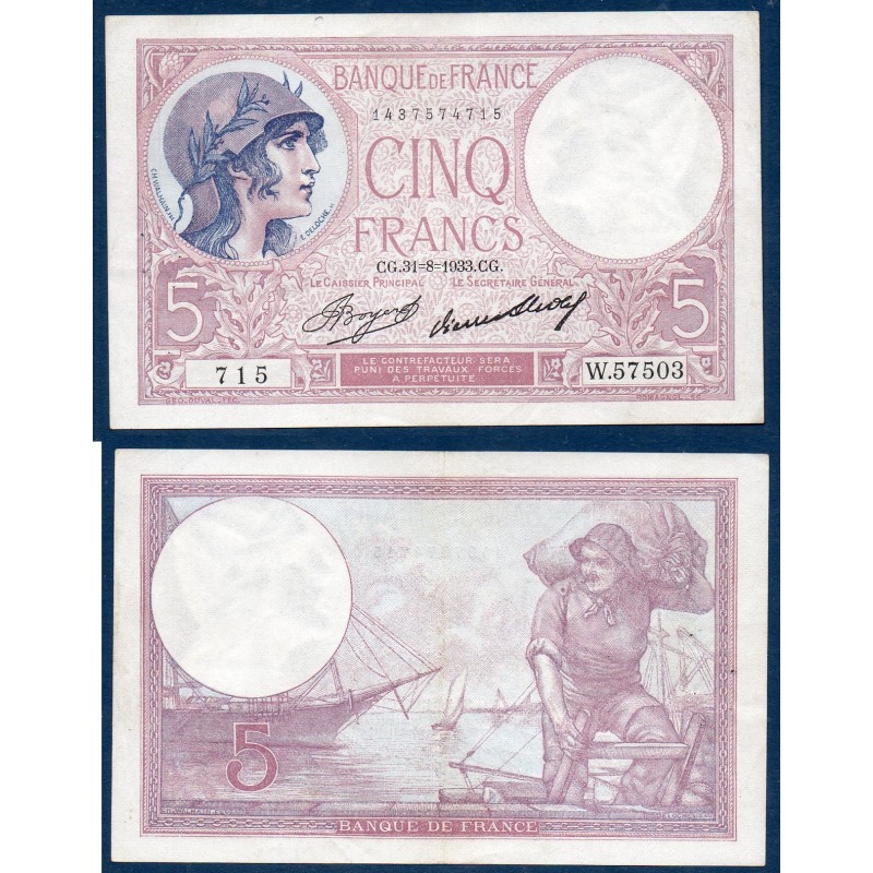 5 Francs Violet Sup- 31.8.1933 Billet de la banque de France