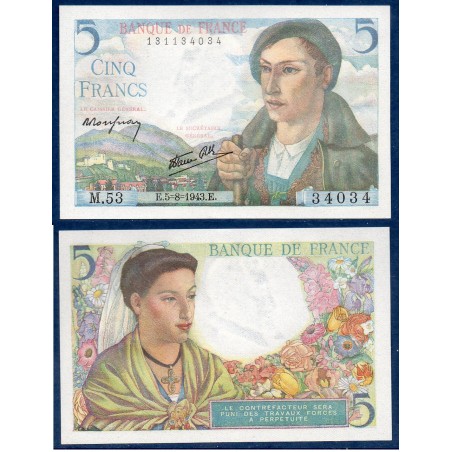 5 Francs Berger neuf 15.8.1943 Billet de la banque de France