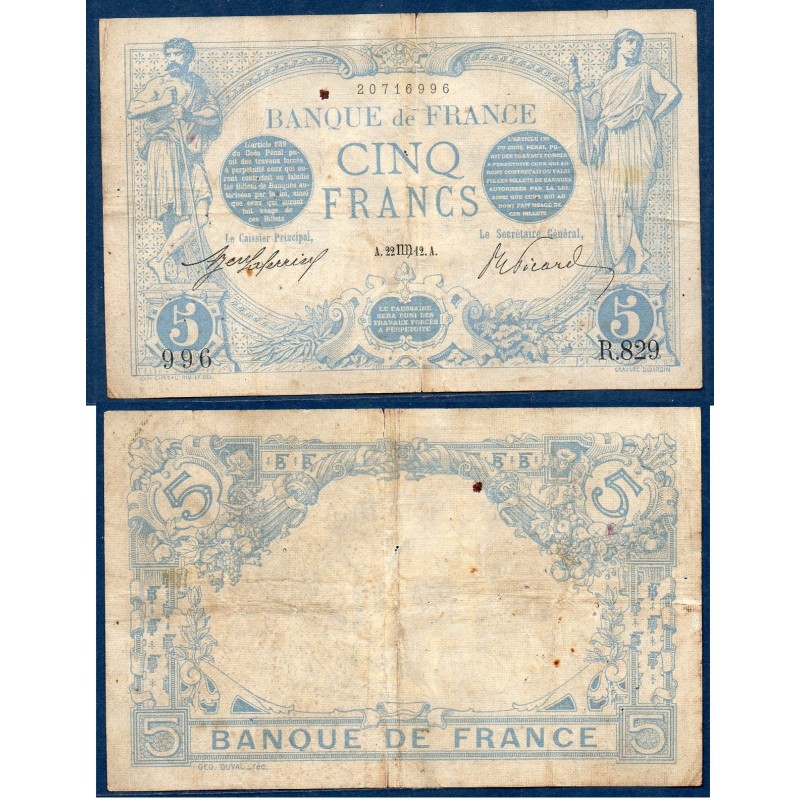 5 Francs Bleu TB- 2.8.1912 Billet de la banque de France