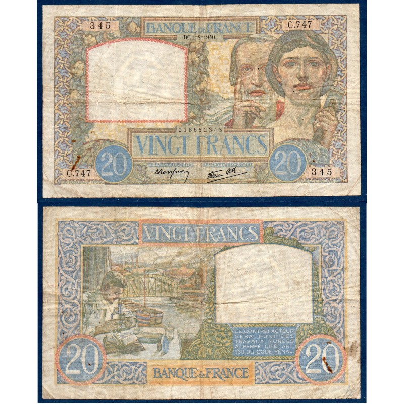 20 Francs Science et Travail B 1.8.1940 Billet de la banque de France