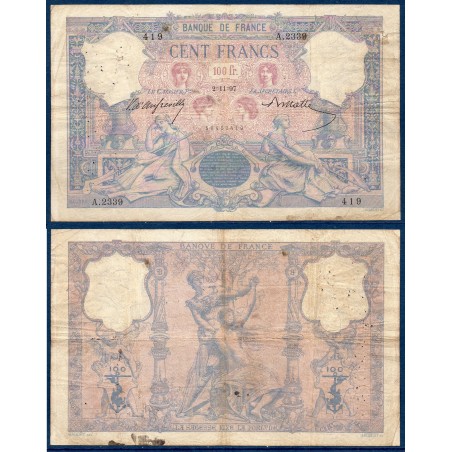 100 Francs  Bleu et Rose B+ 2.11.1897 Billet de la banque de France