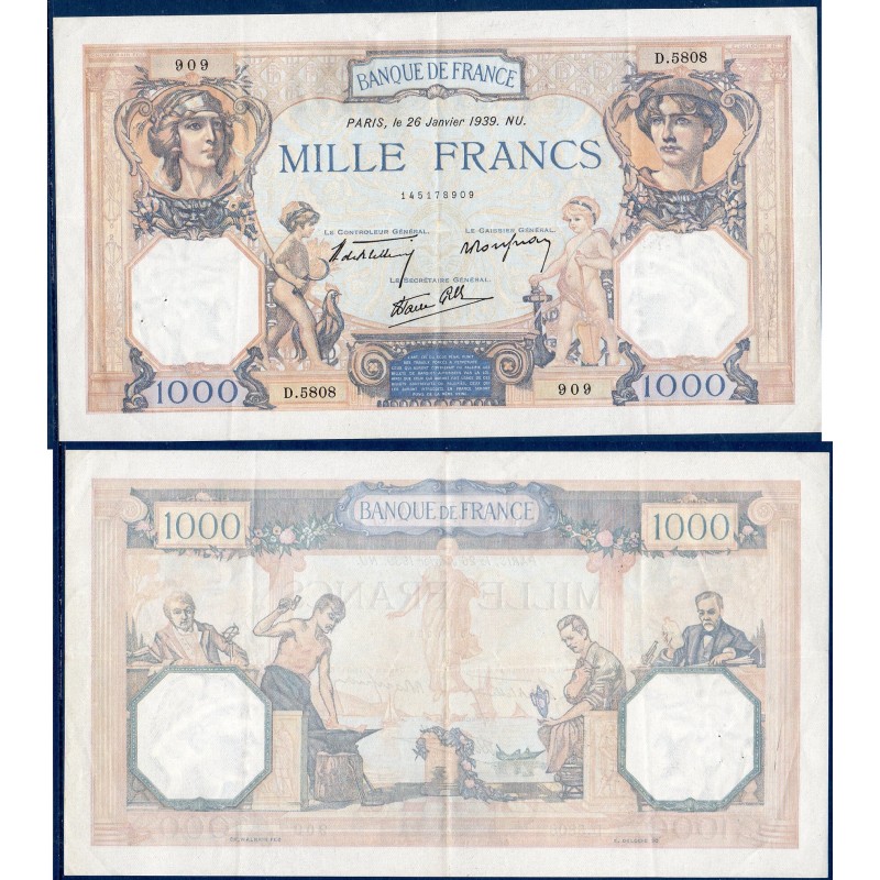 1000 Francs Cérès et Mercure TTB 26.1.1939 Billet de la banque de France