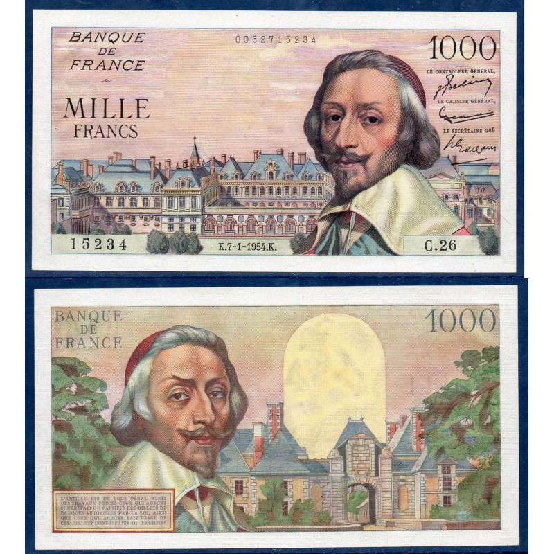 1000 Francs Richelieu Spl- 7.1.1954 Billet de la banque de France