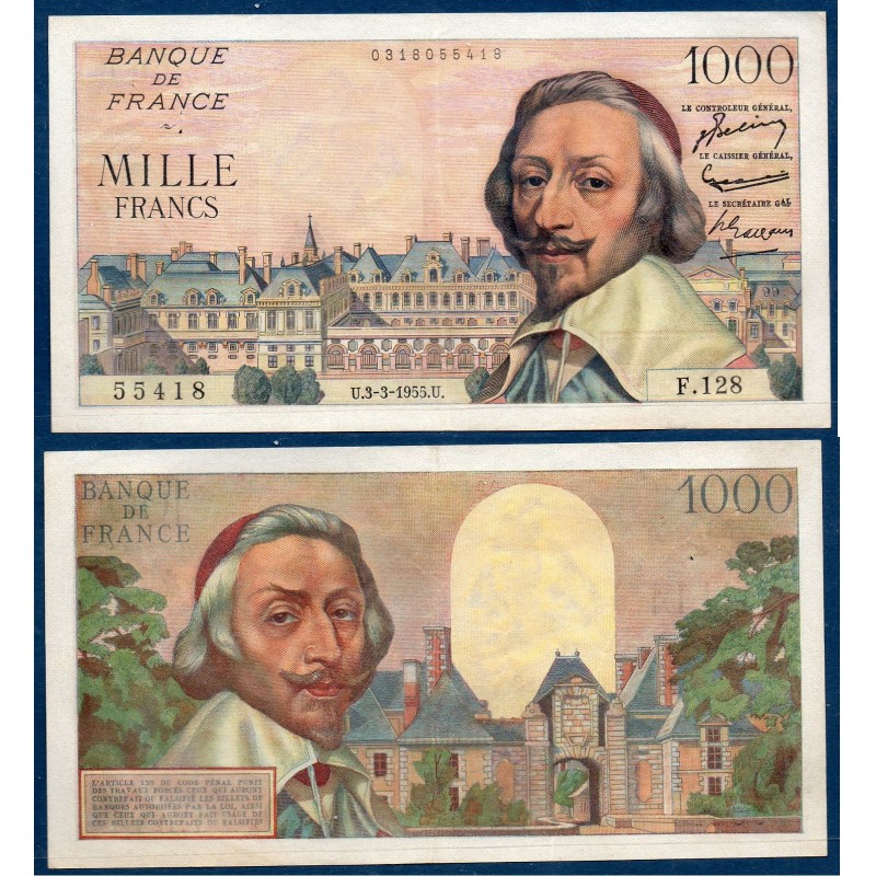 1000 Francs Richelieu TTB+ 3.3.1955 Billet de la banque de France